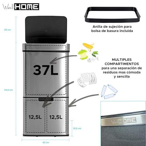 Papelera de reciclaje 62L (37L+25L), cubo de basura con 2 compartimentos, apertura automática con sensor, en acero inoxidable - imagen 2