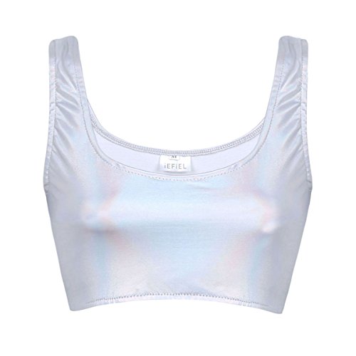 Freebily Women's Shiny Metallic Vest Rave Festival Clubwear Crop Top Dance Tank Tops Silver Medium #TOP3