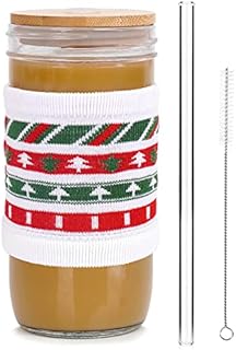 ANOTION Christmas Cups, 24oz Xmas Mason Jar with Lid and Straw Christmas Coffee Cups Tumbler Mugs Christmas Decorations Cookie Jar Christmas Tree Decor Xmas Home Decor Gifts for Women Kids Men