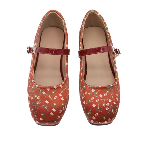 Red Print Flats for Women Christmas Dress Shoes Square Toe Slip On Flats Cushioned Work Flats Comfortable Retro Mary Jane Flats2