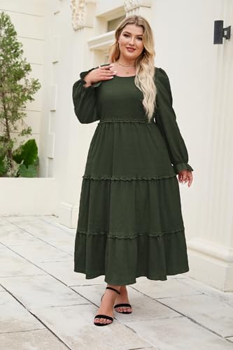Hanna Nikole Womens Plus Size Fall Long Sleeve Maxi Dress Crewneck Smocked Tiered Ruffle Flowy Long Dresses with Pockets3