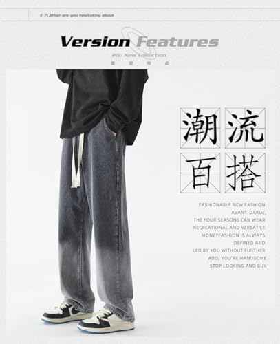 Jeans Pants Trousers Denim Washed Gradient Versatile Drawstring Straight Loose Comfortable Long Men's3