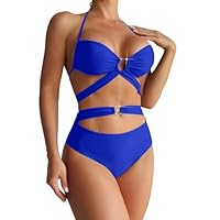 Générique Maillot de Bain Tanga Taille Haute Haut Femme Noir Maillot de Bain Fendu Couleur Unie pour Femme avec Bretelles Et Accessoires en Métal pour Le Cou Taille Haute (Blue,XL)