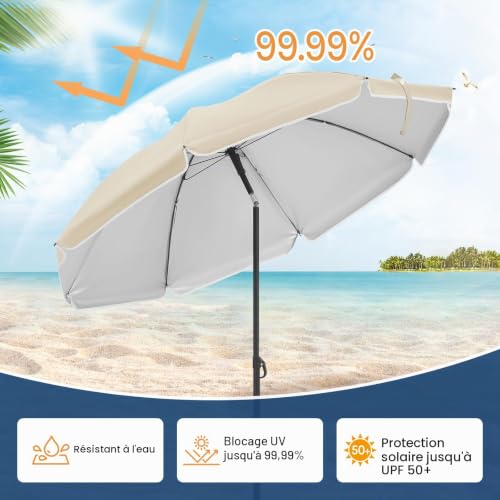 WOLTU Parasol de Jardin Ø155cm, Parasol Imperméable en Tissu Anti-UV à UPF 50+, Parasol Inclinable, Hauteur Réglable, pour Balcon/Terrasse/Patio/Piscine/Plage, Beige – vue 2