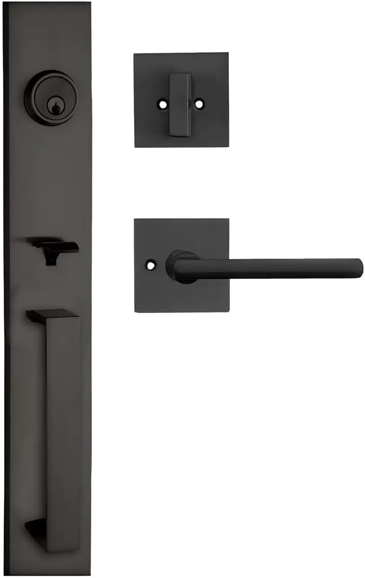 SUYA Front Door Handle Set，Single Cylinder Deadbolt Lock Set with Door Handle,Reversible for Right & Left,Entrance or Exterior,Matte Black Finish