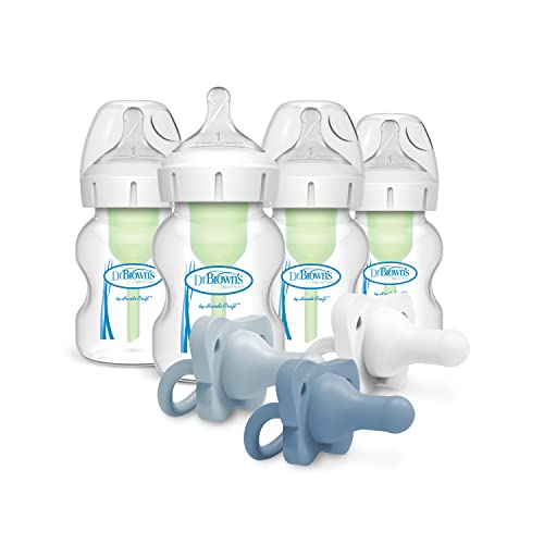 Image of Dr. Brown’s Natural Flow® Anti-Colic Options+™ Wide-Neck Baby Bottle, 5 oz/150 mL, Level 1 Nipple, 4-Pack, 0m+ with HappyPaci 100% Silicone Pacifier 0-6m, BPA Free, White, Blue, Light Blue, 3 Pack