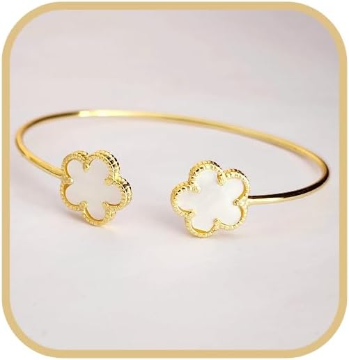 Clover Bangle Bracelet 925 Sterling Silver & Mother of Pearl/Flower Bangle/Layering Bracelet/Stacking Bracelet/Gift for Her