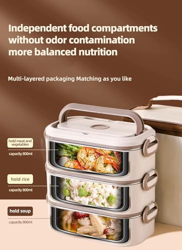 Image of House of Quirk 304 Stainless Steel Bento Lunch Box for Adults - 3 Stackable Leakproof Containers with Insulated Thermal Carry Case, Spoon & Fork Included, Microwave Safe Portable Tiffin Box (Beige)