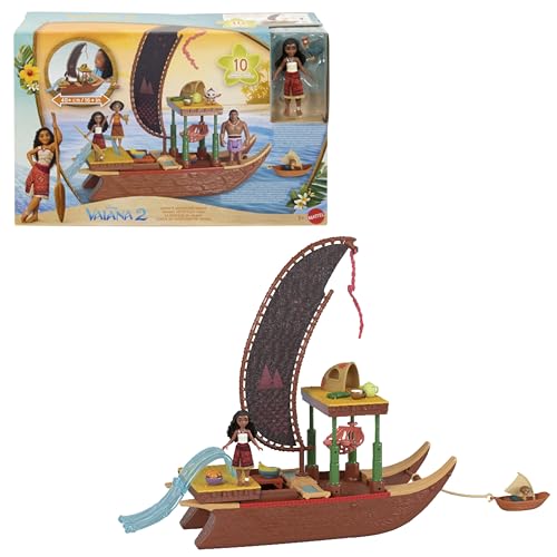 Mattel Disney Vaiana 2 Canoa de aventuras Conjunto de juego con canoa flotante, muñeca pequeña, 1 personaje amigo, 6 áreas de juego y 10 accesorios, JBT78