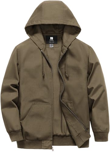 Pursky Mens Military Jacket Bomber Men Active Work Coats Men's Casual Stylish Canvas Jackets Lightweight Fashion Spring Fall Windbreaker Khaki L