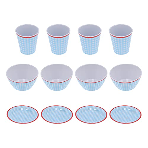 Gucagle Juego de vajilla de melamina, rejilla azul claro, 12 Uds., tazón, taza, vajilla de cocina duradera para el hogar, restaurante, Hotel