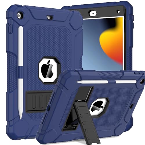 Coque iPad 10.2 antichoc pour 9e, 8e et 7e génération avec support et porte-crayon, bleu et noir