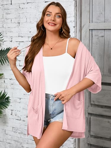 Image of AusLook Plus Size Cardigan for Women Short Sleeve Lightweight Open Front Shrug with Pockets for Dresses and Layering 1X-5X