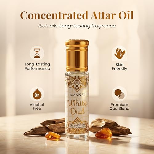 Image of AMANZI White Oud Attar Roll-On for Men & Women | Alcohol-Free, Long-Lasting Fragrance Oil | Floral, Woody & Amber Perfume | 6ml | Pack of 2