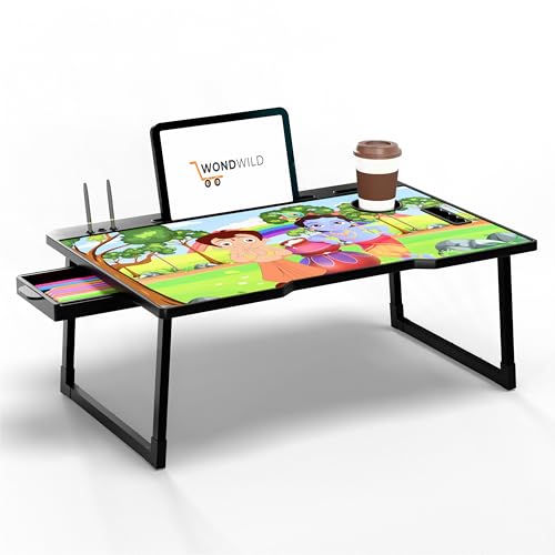 Image of WONDWILD Smart Multipurpose Foldable Laptop Table with Cup Holder, Study Table, Bed Table, Breakfast Table, Foldable and Portable /Ergonomic & Rounded Edges /Non-Slip Legs (ABS BK)