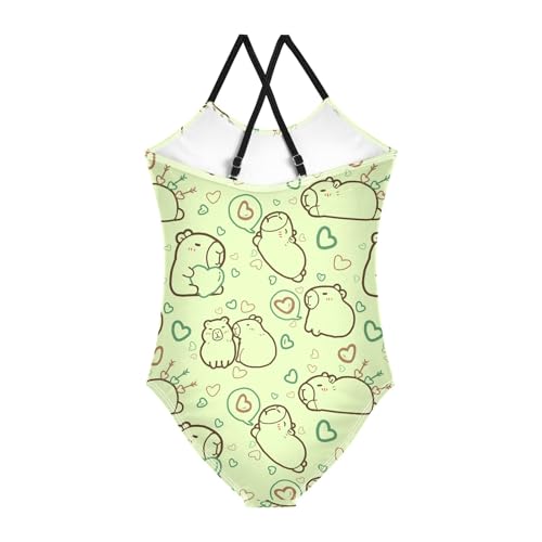 Girls One Piece Swimsuits Cute Capybara with Hearts Green Cute Swimwear Bathing Suits 3-10T2