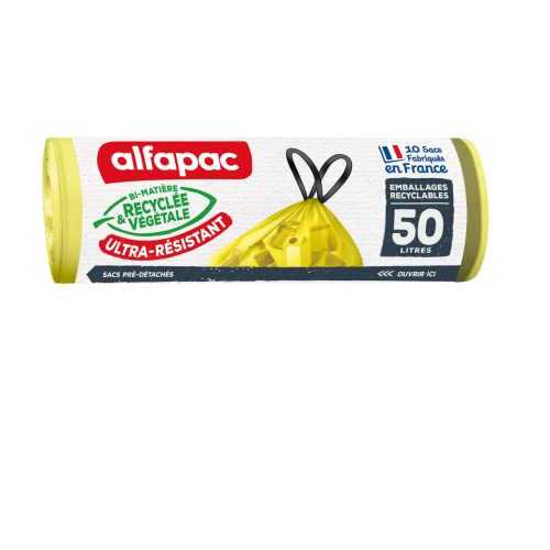 alfapac Sacs Poubelle à Lien Coulissant Ultra Résistant Tri des Emballages Recyclables Hors Verre 76% Recyclé et 15% Végétal Fabrication Française 10 x