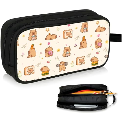Image of WOBAGMEN Double Layer Pencil Case with Handle Large Pencil Bag Cute Print Pencil Pouch for Boys Girls (Capybara Bread)