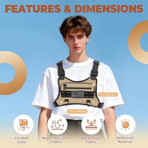 Image of Muserise Sports Chest Bag For Men Women, Water Resistant Lightweight Front Chest Pack, Running Vest Bag With Built-In Phone Holder & Extra Storage For Workouts, Running, Cycling (Khaki)