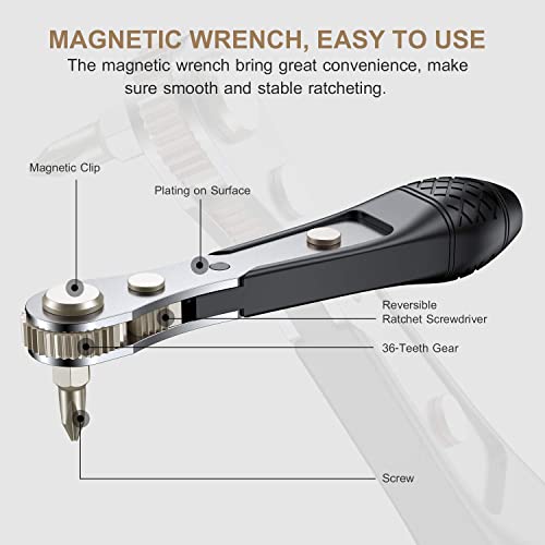 Image of GreaTalent 25in1 S2 Steel Mini Ratchet Wrench Screwdriver Bit Set with 1 /4 inch Hex Shank Phillips /Slotted /Hexagon /Torx Bits, 36-Tooth Gear, Magnetic 90 Degree Right Angle Offset Reversible Drive Handle