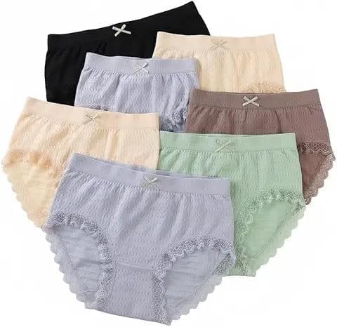 41zdDsLELVL LOURYN KOULYN® Women’s High-Waist Lace Trim Panty Set (Pack of 3) Soft Cotton Blend Briefs with Bow Detail –Breathable & Comfortable Underwear for Women (Malticolour)