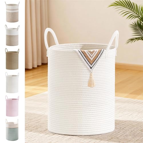 Image of 53L Tall Cotton Rope Laundry Basket with Handles, White