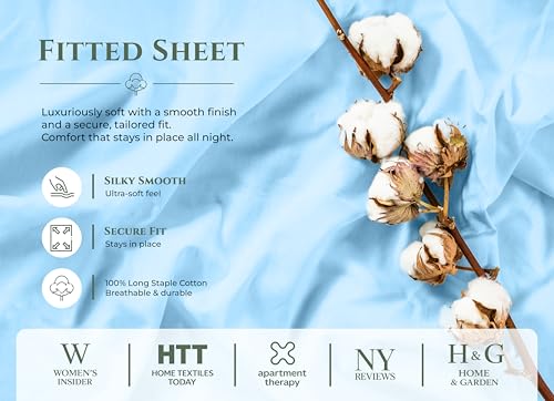 Image of Royale Linens 100% Organic Cotton King Fitted Sheet Only - Percale Weave - Super Soft Deep Pocket Bottom Sheets - Lake Blue Elastic Sheet - King Size Fitted Sheets Only - (78 inchx80 inch+15 inch, Lake Blue)