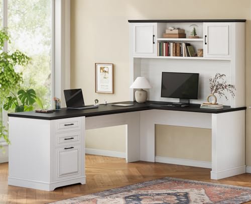 Itaar Farmhouse Executive L Shaped Desk, Home Office Desk with Fi...