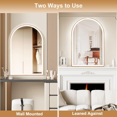 Image of Arched LED Mirror for Bathroom 24 inchx36 inch, Orange Gold LED Bathroom Mirror with Lights, Fogless, Dimmable, Shatterproof, Touch Sensor, 3 Color Changing