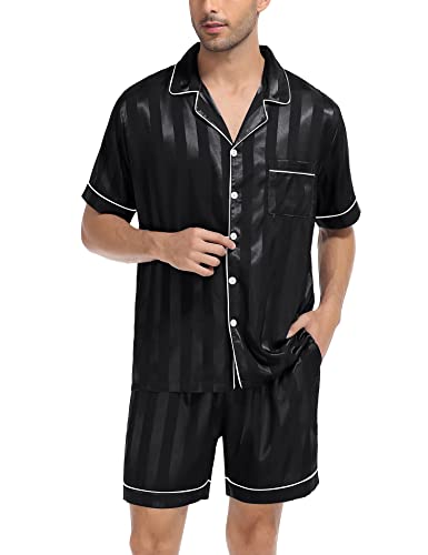 Image of SWOMOG Men Satin Silk Pajamas Sets Short Sleeve Sleepwear Button-Down PJs Sets Two-Pieces Loungewear with Pockets