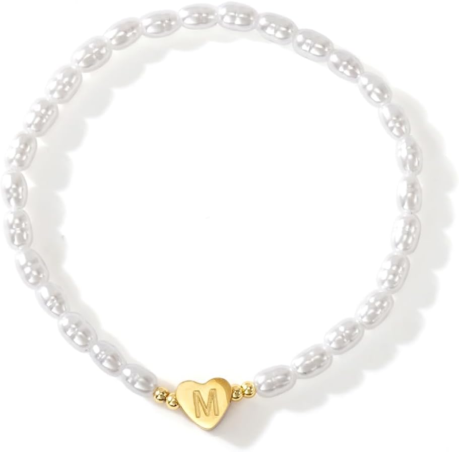 Heart Initial Pearl Beaded Bracelet for Women,Handmade Dainty Gold Plated A-Z Stretch Bracelet Trendy Birthday Jewelry Gift