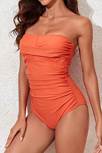 Image of Smismivo Tummy Control Swimwear Strapless One Piece Swimsuit Ruched Bathing Suits for Women Slimming Bandeau Tube Top Bikini