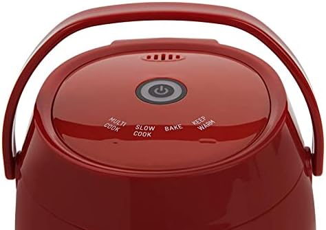 Врх view of a red Curtis Stone Mini Multi-Cooker showing control panel