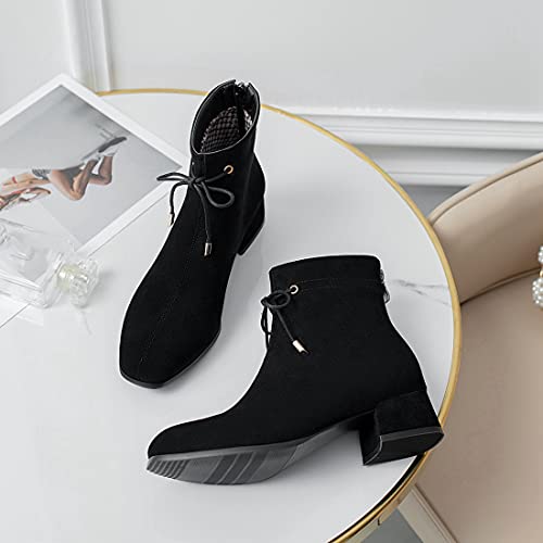 VOKLIN Women's Square Toe Elegant Dressy Ankle Boots Vegan Suede Lace Up Zipper Low Heel Dress Short Booties2
