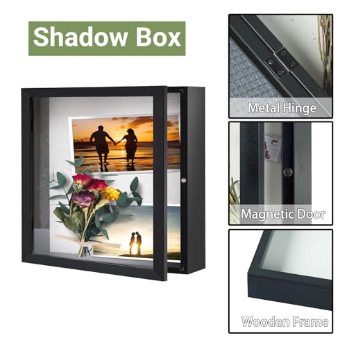 Image of Muzilife 11x11 Deep Shadow Box Picture Frame with Linen Board Wood Glass Display Case Ready to Hang Memory Box Baby Sports Memorabilia, Awards, Medals, Wedding, Tickets, and Photos (Black)