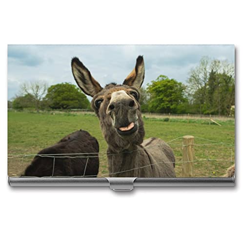 Niapessel Business Card Holder, Brown Furry Donkey Print Pocket Slim Portable Metal Business Card Case for Women Men, 3.7X2.2X0.3 Inch