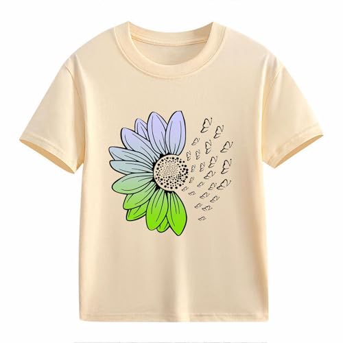 Girls Loose Fit Sunflower Graphic T Shirts Short Sleeve Crewneck Cute Pattern Printed Tops Kids (D-Beige, 8-9 Years)2