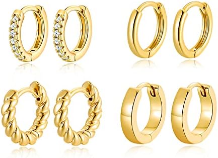 4 Pairs 14k Gold Hoop Earrings Set Twisted Glossy Zirconia Small Huggie Earrings For Multiple Piercing Cuff Cartilage Jewelry For Women Girls