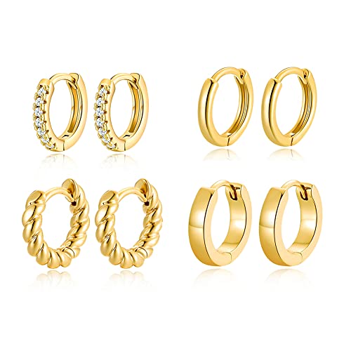 CLASSYZINT - 4 Pairs 14k Gold Hoop Earrings Set Twisted Glossy Zirconia Small Huggie Earrings For Multiple Piercing Cuff Cartilage Jewelry For Women