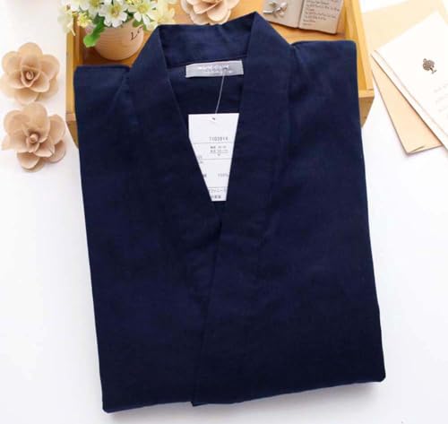 Fendawn Strive Classical Simple Japanese Style Cotton Bathrobe Pajamas Kimono Casual Clothes Unisex, Medium, Navy Blue2