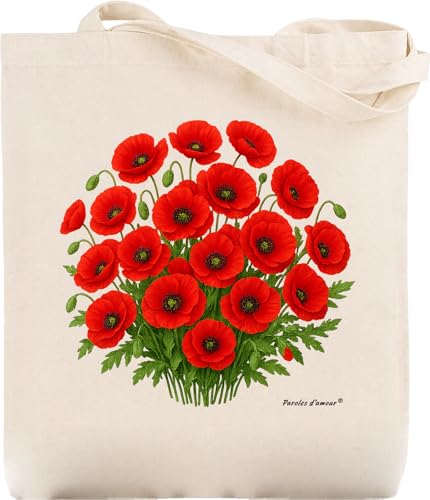Paroles d'amour Tote Bag bouquet de coquelicot – Sac en coton fleurs Coquelicots avec anses longues – Fourre tout Fleuri - sac de Course Réutilisable...