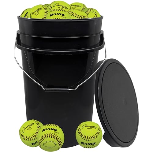 Champion Sports 12 Leather Cover Softballs | 18 Optic Yellow Softballs and Black Bucket | Cork Core | Medium Compression | NFHS Approved | Raised Seams