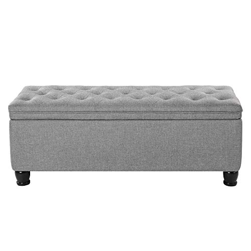 SONGMICS Storage Ottoman Bench, Linen Fabric Footstool with Foam Padded Seat, Solid Wood Legs, 46.5