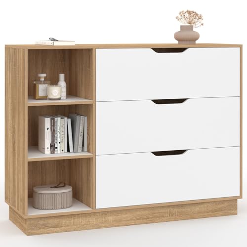 IDMarket - Commode 3 tiroirs et 3 niches OXANA hêtre et Blanc