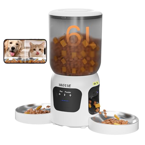 Futterautomat für 2 Katzen mit 1080P Kamera & Doppel-Napf 6L Automatischer Futterspender WLAN für Hunde & Katzen App-Steuerung zur Interaktion mit Haustieren 15 Mahlzeiten am Tag (Dual Bowl)