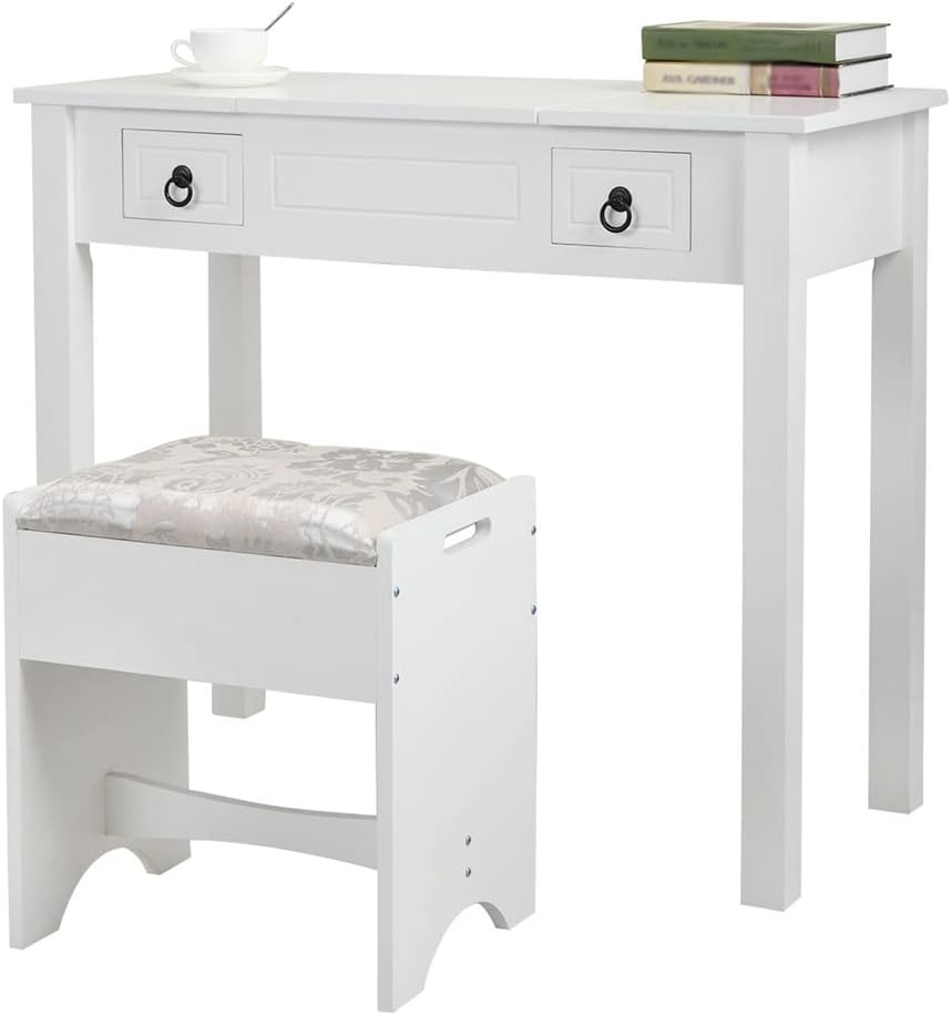 Dresser with Flip Mirror Makeup Dresser with 2 Drawers 3 Storage Organizer Dividers Upholstered Stool White