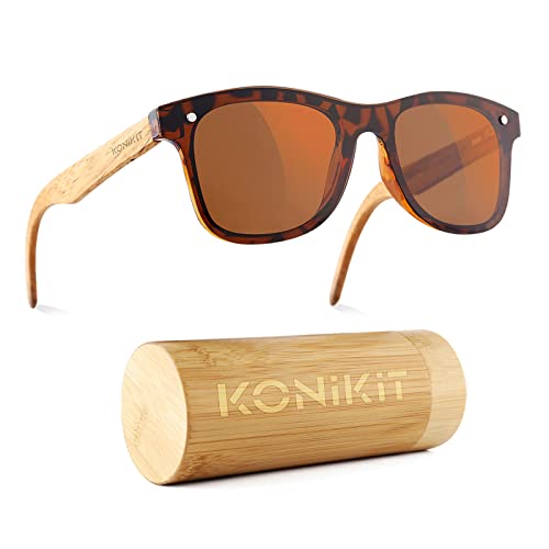 Konikit Wood Sunglasses for Men Women, Polarized Lenses with UV Protection, Original Bamboo Wood Sunglasses with Case (Tortoiseshell)