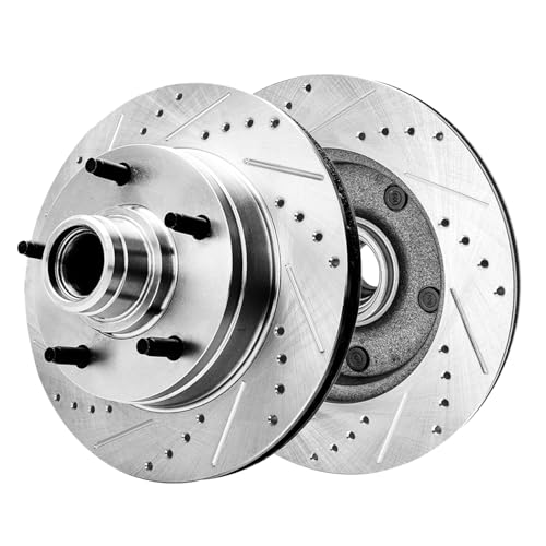 Image of Detroit Axle - Front Brake Kit for 94-01 Ford E-150 Econoline 94-96 F-150 | Drilled & Slotted Disc Brake Rotors Ceramic Brake Pads Replacement 11.73 inch inch Rotors