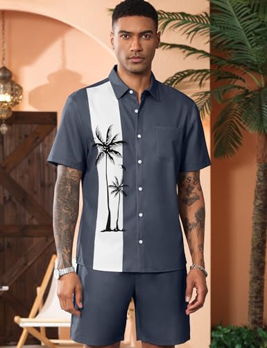 LecGee Men's Hawaiian Shirts Sets Button Down Coconut Tree Hawaiian Shirt Shorts 2 Piece Hawaiian Outfits3