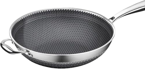 SANLWZSF 鍋 家庭用 炒め物鍋 中華鍋 316ステンレス 32cm/34cm/36cm 炒め鍋 深型 耐久性 和風 両面ハニカムフライパン 蜂の巣型ノンスティック加工 防錆 軽量 凹面電磁炉は鍋につかない 北欧 引越し 贈り物 料理店 朝食 自宅用